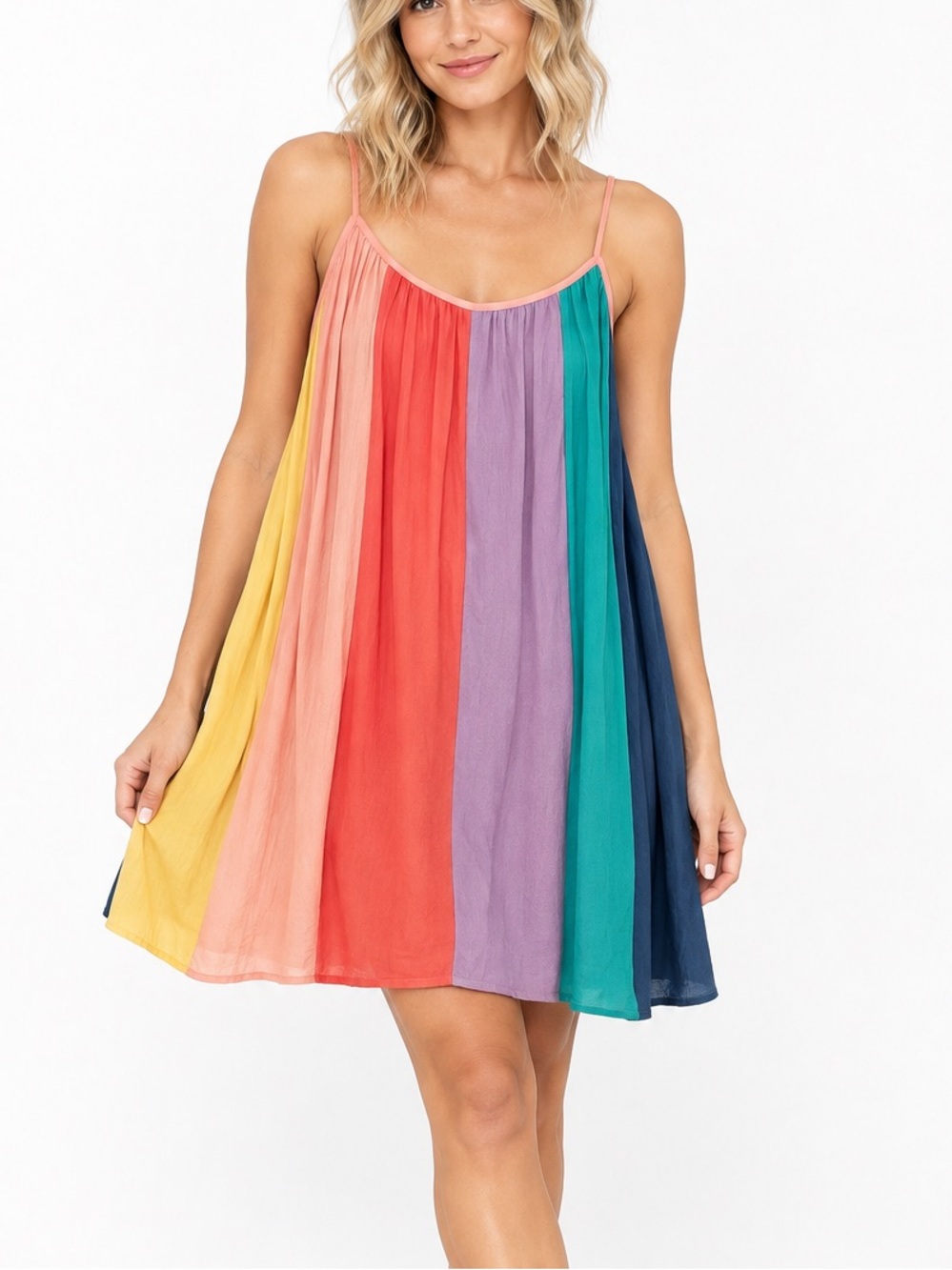 STORIA Large Rainbow Colorblock Striped Cami Mini Dress Sleeveless Rayon